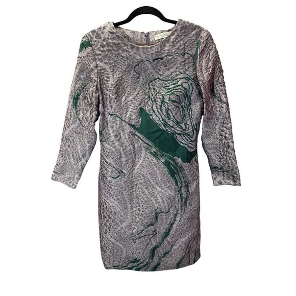 Carolina Herrera Textured Metallic Brocade Mini Dress Gray Green Floral Sz 6 - Picture 4 of 16
